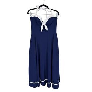Pinup Couture Halter Swing Dress M Blue Nautical Retro Party Cocktail Evening
